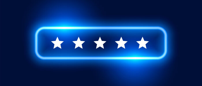 glowing neon 5 star user rating background for feedback or survey vector